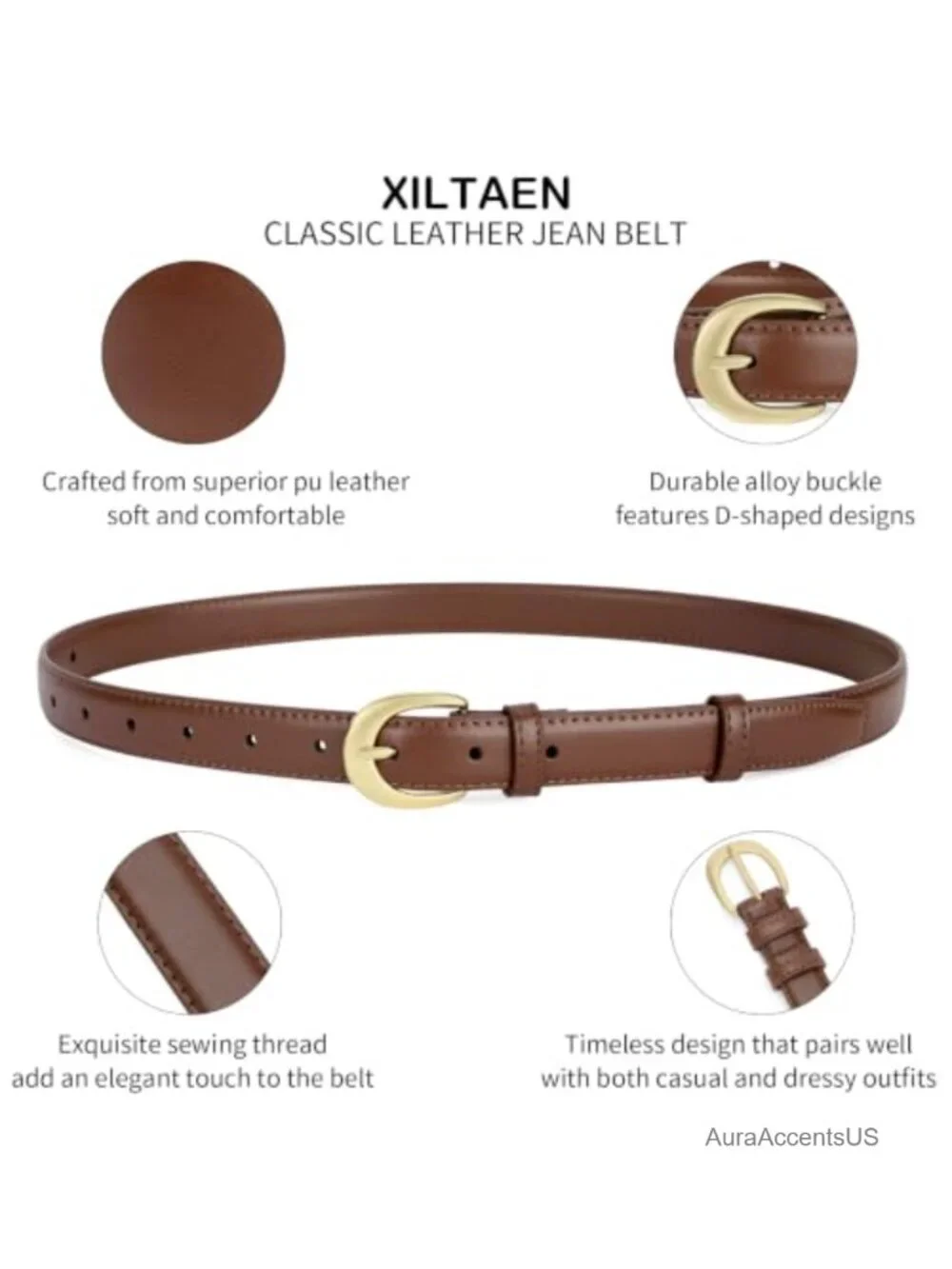PU Leather Belt with Gold Buckle Fashion Waist Belt for Women